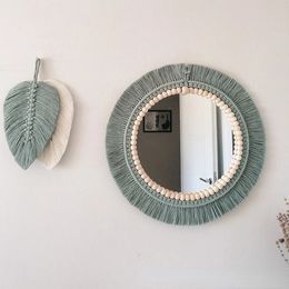 Nordic hand-woven decorative hanging mirror creative hanging wall sofa porch homestay style background wall decor makeup mirror 240127