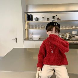 Barn vintertröja koreansk stil baby crewneck topp jacquard tröja fast färg fashionabla varm enkel barn tröja 240129