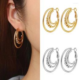 Hoop Earrings Stainless Steel Multilayer Round Bead For Women Men Vintage Gold Colour Double Circle Smooth Jewellery Gifts