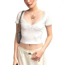Women's T Shirts Women Summer Y2k Fairycore Grunge Lace Trim Crop Tops Patchwork Bow Slim Fit Short Sleeve V-neck T-shirts Tees Aesthetic