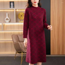 Casual Dresses Women Oversize Jacquard Knit 2024 Autumn Winter Clothes Fashion Vintage Half High Collar Slim Female Bottom Sweater