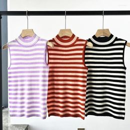 Women's Tanks Design Women Fashion Wool Blend Striped Half High Neck Vest Top Elegant Lady All Match Sleeveless Slim Shirt