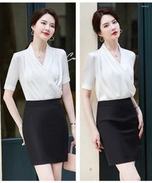 Women's Blouses Fashion Women Shirts Short Sleeve Office Ladies 2 Piece Skirt And Tops Work OL Styles White