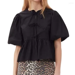 Women's Blouses Boho Inspired Black Ruched Blouse Self-tie Front Puff Sleeves Summer COTTON POPLIN Cute Women Luxury Tops