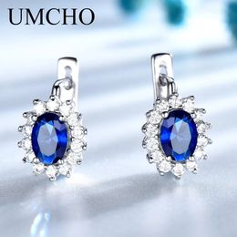 UMCHO Solid 925 Sterling Silver Gemstone Clip Earrings for Women Blue Sapphire Fine Jewellery Wedding Engagement Valentines Gift 240125