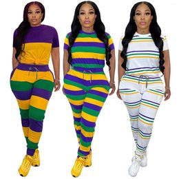 Women's Two Piece Pants Mardi Gras Set Striped Patchwork Short Sleeve T-shirt And Jogger Suit Tracksuit