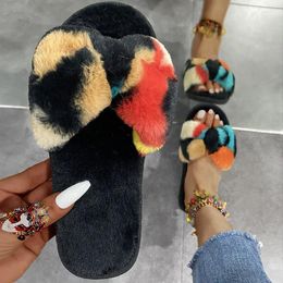 Sandals Selling Winter Home Slippers Shoes Ladies Cross Soft Plush Furry Female Open Toe Slides Women Warm Faux Fur