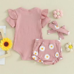 Clothing Sets Born Baby Girl Clothes Letter Ribbed Knitted Romper Daisy Shorts Headband 6 12 18 24 Month Infant Summer Outfits