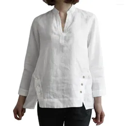 Women's Blouses Women V-neck Top Vintage Button Decor Stand Collar V Neck T-shirt For With Irregular Split Hem Soft Lady Style Spring