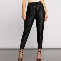 Women's Pants High Waist PU Leather Trousers Women Casual Loose Bloomers With Office Matte Patent Elastic Band Stretch Pencil