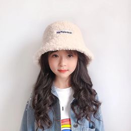 Childrens Winter Girl Baby Boy Bucket Hat Cute Lamb Fur Childrens Fisherman Hat Solid Flat Hat Children Outdoor Warm Sun Hat 240125