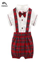 Baby boys Girls Clothes Set tie bow Toddler cotton romper Overalls Shorts red Lattice Summer Kids Clothing Set Infant Outfits Y2009863768