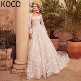 MACDOUGAL Square Collar A-line Wedding Dress Lace Appliques Long Sleeves Court Train vestidos de novia Custom Made For Women 240201