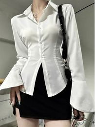 Women Sexy Solid Color Slim Chiffon Shirt Turn-down Collar Flare Sleeve Tunic Bandage Design Vintage Ladies Blouses Office Tops 240129