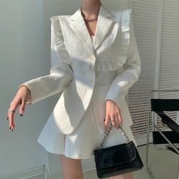 Women Two Piece Suit Set Jacket High Waisted Coat Black White Retro Ruffled Spring Autumn Aesthetic Office Suits 240202