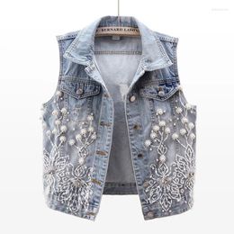 Women's Vests Women Lace Beaded Denim Vest Korean Chic Waistcoat Sleeveless Cardigan Jacket Crop Top Plus Size Tank Loose Hole