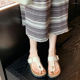 Slippers Leisure Fashion Cosy Buckle Strap Flip Flops Button Round Toe Flat Heels Thick Sole Elegant Summer Outside Women Shoes