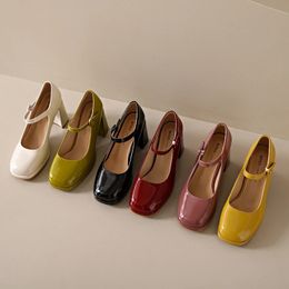 red green yellow Thick Heels Mary Jane Shoe 2024 Buckle Strap Square Toe Pumps Woman Med Heele pu Leather Shoes Female 240202