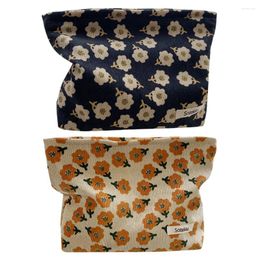 Makeup Brushes Corduroy Cosmetic Bag Floral Print Korean Toiletry Aesthetic Women Girls Portable Zipper Coin Purse Wallet For Travel Daily