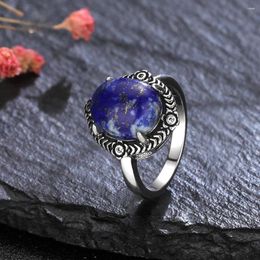 Cluster Rings Natural 10 12MM Lapis Sterling Silver 925 Retro Turquoise Finger Ring For Women Fine Jewellery Gift Labradorite Moonstone