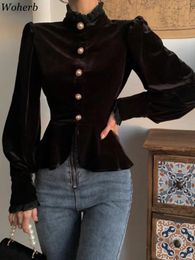 Woherb Korean Vintage Lantern Sleeve Blusa Lace High Neck Pearl Button Black Slim Elegant Fashion Velvet Blouse Women Crop Shirt 240125