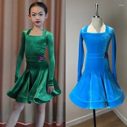 Stage Wear 2024 Children Latin Dance Dress For Girls Long Sleeved Velvet Skirts Suit Chacha Rumba Tango Competition Clothing DN16654