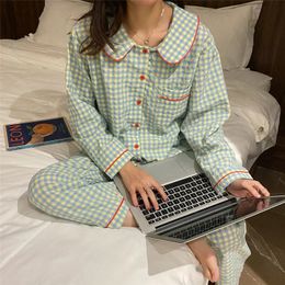 Womens Pajamas Autumn Spring Long Sleeve Soft Sleepwear Set Grid cartoon pyjama Woman Home Nightwear Cardigan 240201