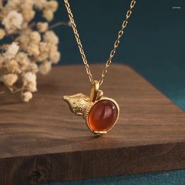 Pendant Necklaces Retro Copper-Plated Gold Calabash Pendent Inlaid Red Agate Chalcedony Necklace Accessories