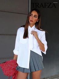 Women's Blouses TRAFZA Blouse For Women 2024 Autumn Design Elegant Versatile Causal Simple Shirts Solid White Bow Tie Long Sleeve Lapel Tops