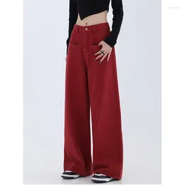 Women's Jeans Fashion Vintage Red Straight Casual High Waist Street Style Pants Korean Wide Leg Baggy Y2K Denim Trouser