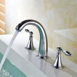 Bathroom Sink Faucets Polished Chrome Brass Widespread Deck-Mounted Tub 3 Holes Dual Handles Kitchen Basin Faucet Tap Mnf433