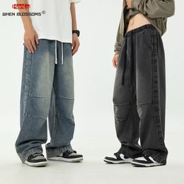 Harajuku Vintage Blue Cargo Jeans Men's Oversized Grunge Y2K Denim Pants Hip Hop Streetwear Baggy Wide Leg Trousers 240119