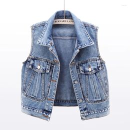 Women's Vests Women Vest 2024 Spring Summer Denim Waistcoat Fashion Casual Sleeveless Short Jacket Big Pocket Slim Jean Coat Female T037