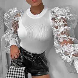 Patchwork Lace Puff Sleeve Blouse Shirts Women O Neck Fashion Autumn Rib Knitted White Sweater Tops Sexy Vintage Tees Shirts 240202