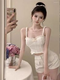 Women's Tracksuits Sweet Girl Suit Bow Pearl Suspender Top High Waisted Casual Wide Leg Shorts Two-piece Set Fashion Female Clothes