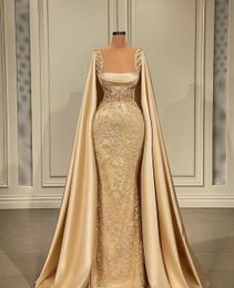 2024 Luxury Sexy Evening Dresses Wear Gold Satin Illusion Crystal Beads Mermaid Prom Dress Party Pageant Formal Gowns Floor Length With Cape