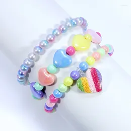 Strand 3Pcs/set Sweet Colorful Acrylic Beaded Bracelet For Women Girls Elastic Rainbow Love Heart Pendant Bangles Jewelry Gift
