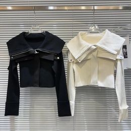 Women's Jackets PREPOMP 2024 Winter Collection Metal Zipper Patchwork Faux Leather Turn Down Collar Knitted Cardigans Jacket Women GM239