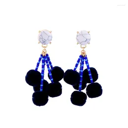 Dangle Earrings Blue Acrylic Beads Round Pom Ball Synthetic Stone Handmade Ethnic Accessories For Women