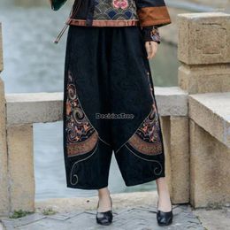 Ethnic Clothing 2024 Autumn Winter Chinese Style Embroidery Casual Retro Wide-leg Pants Loose Elastic Wait Women T001