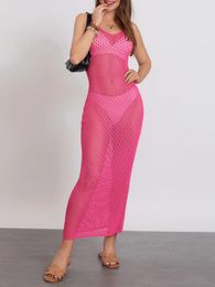 Women's Swimwear Wsevypo See-Through Knit Beach Long Dress For Women Bikini Cover-ups Sexy 2024 Sleeveless O Neck Wrap Slip Sundress