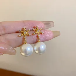 Dangle Earrings Cute Snowflake Drop For Women Party Elegant Crystal Jewellery Trendy White Round Ball Imitation Pearl