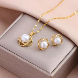 Pendant Necklaces Vintage Pearl Earrings For Women Female Daily Wear Stainless Steel Jewelry Set Girls Party Gift Wholesale