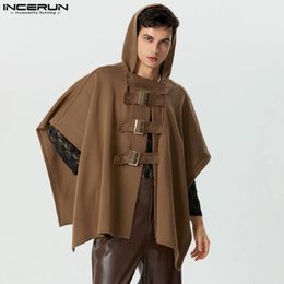 INCERUN Men Cloak Coats Solid Colour Hooded Button Irregular Trench Ponchos Streetwear Loose Fashion Casual Male Cape S-5XL 240123