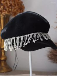 Berets 202410-xy Chic Ins Winter Rhinestone Tassel Wool Knit Blended Fashion Street Lady Equestrian Hat Women Octagonal Visors Cap