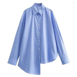 Women's Blouses 2024 Fashion Comfortable Loose Stripe Splice Asymmetric Retro Long Sleeve Button Shirt Unique Top