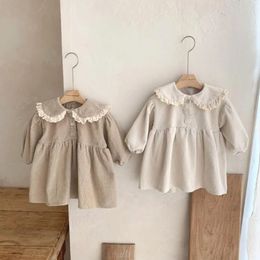 Cute Baby Girl Corduroy Dress 03Years Princess born Kids Long Sleeve Peter Pan Collar Aline OnePieces Korea Spring Clothes 240131