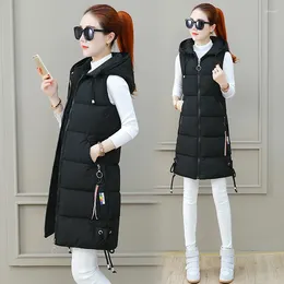 Women's Vests 2024 Autumn/Winter Korean Edition Loose Medium Length Vest Thickened And Warm Hooded Cotton Tank Top Coat