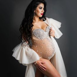 Maternity Pography Sexy Goddess V Neck Rhinestones Pearls Luxurious Stretch Jumpsuits Dress For Po Shoot Props 240129