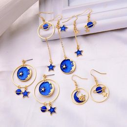 Dangle Earrings Simple Design Fashion Drop Earring For Women Blue Color Enamel Moon Star Wholesale